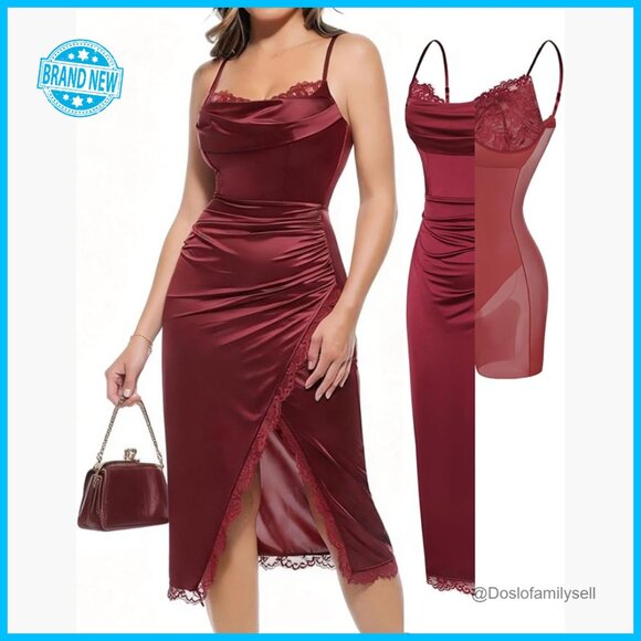 Satin Corset Dress with Built-in Bra Shapewear Midi Cocktail Party Wear
